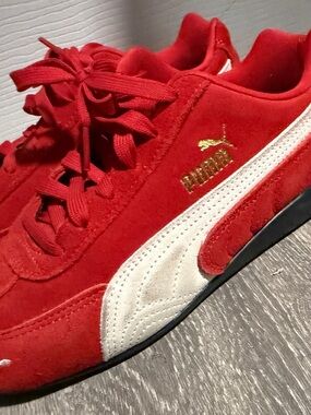 Puma Kids Red Suede Sneakers with White Formstrip and Gold Logo